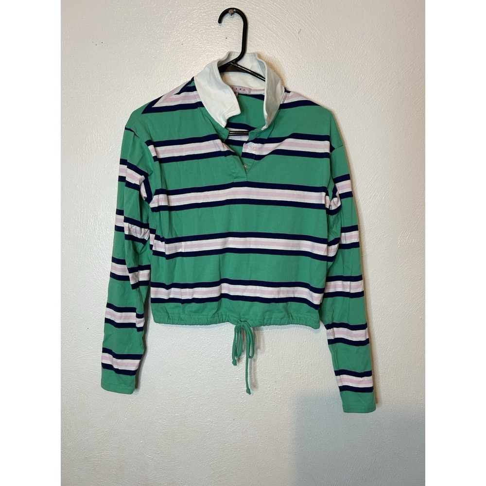 Crave Fame Striped Cropped Rugby Polo Shirt Long Sleeve Drawstring Green M Y2K